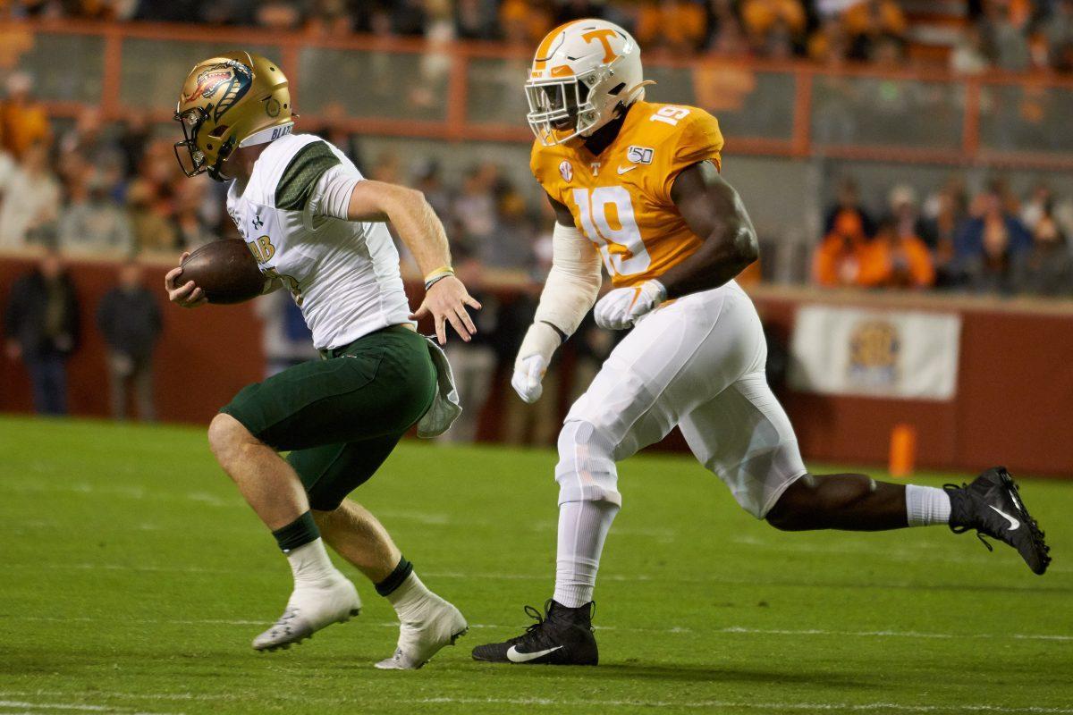 Darrell Taylor, #19, closes in on a UAB player during the game against UAB in Neyland Stadium on Saturday, November 2, 2019.