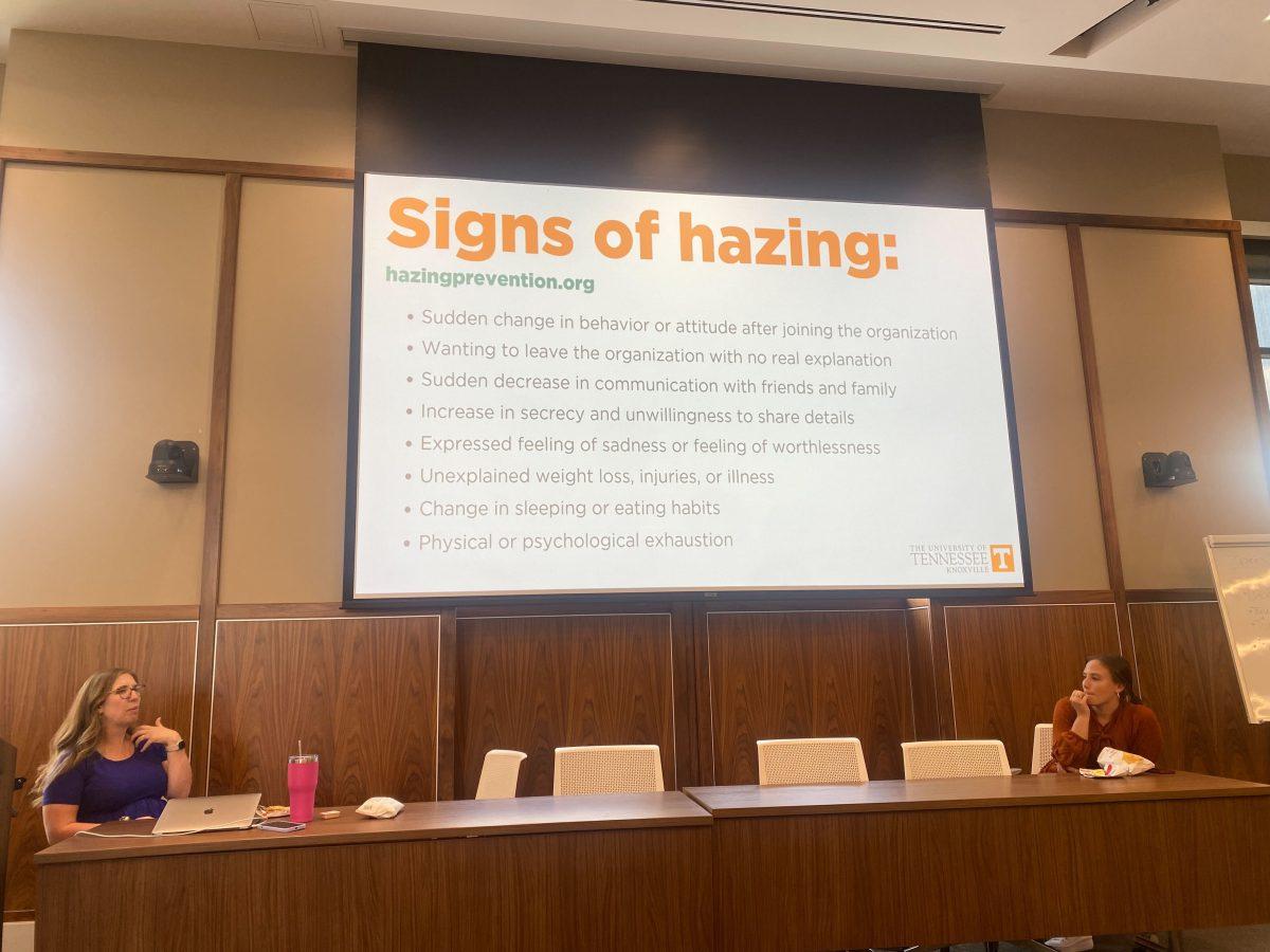 Harriet Collins and Hailey Flavin present tips on how to recognize and prevent hazing.