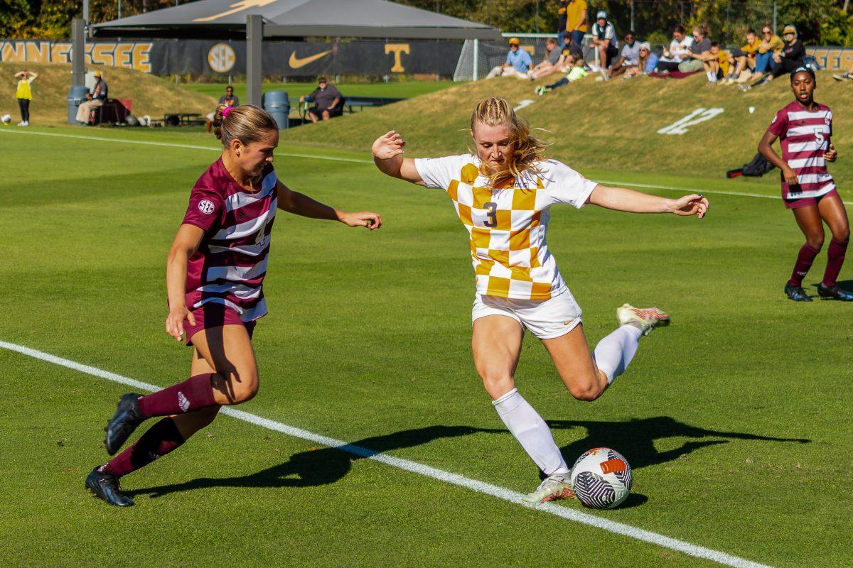Forward Sizzy Lawton (3) prepares to take a shot on goal past Texas A&amp;M defender at Regal Soccer Stadium. Sunday, Oct. 22, 2023.