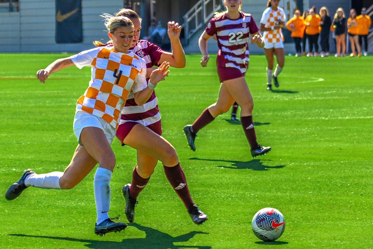 Maria Nelson (4) steals the ball from a Texas A&amp;M attacker at Regal Soccer Stadium. Sunday, Oct. 22, 2023. 