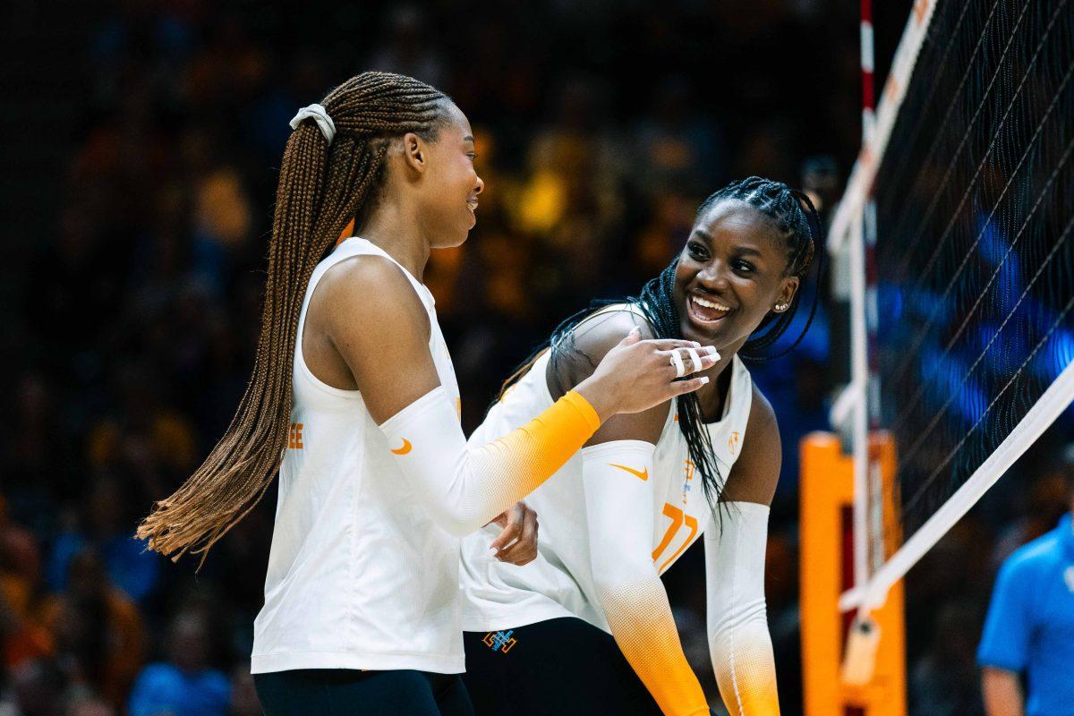 Jenaisya Moore (18) and Keondreya Granberry (77) in the Food City Center. Sunday, Nov, 12, 2023. Parker Phegley