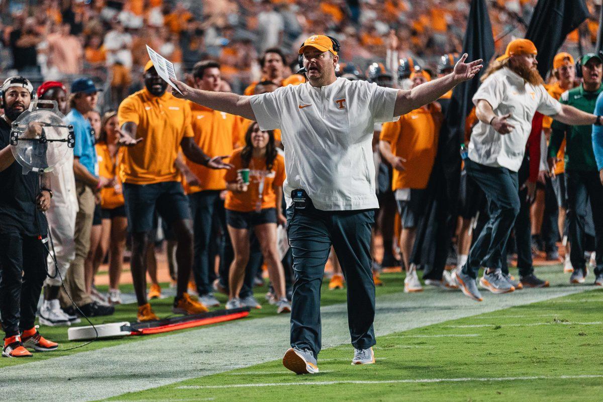 Josh Heupel reacts to a bad call against Austin Peay. Saturday, Sept. 9, 2023. 