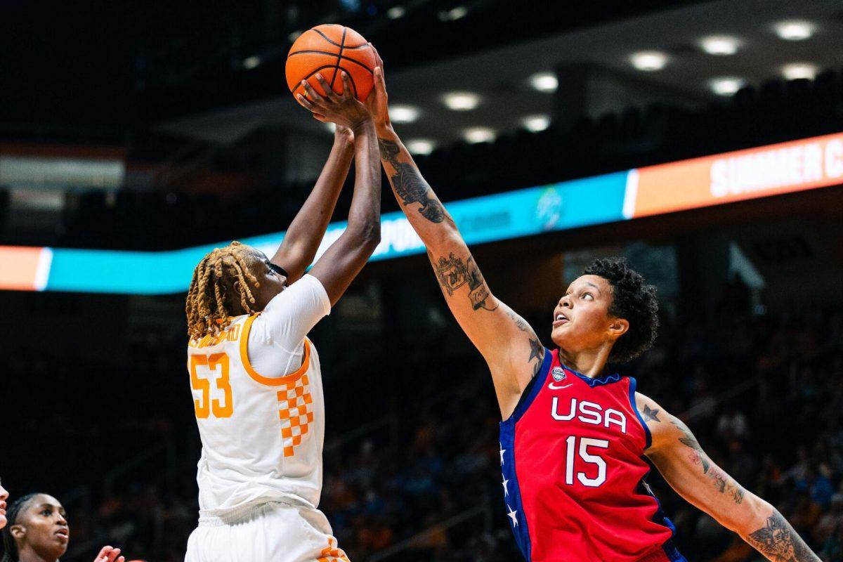 Team USA's Brittney Griner (15) blocks a shot from Tennessee's Jillian Hollingshead (53) in an exhibition in Food City Center. Sunday, Nov. 5, 2023. 