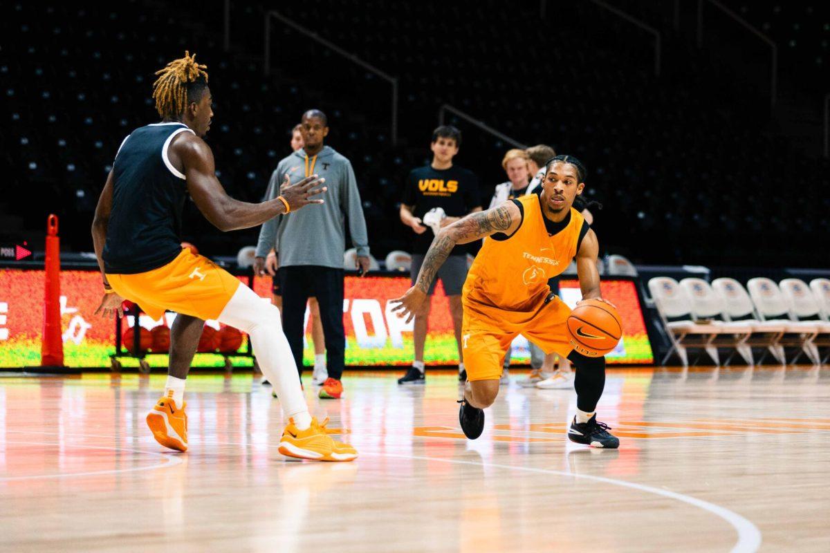Zakai Zeigler (5) drives at practice in Food City Center. Thursday, Oct. 26, 2023. 