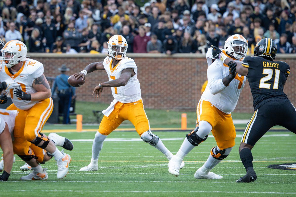 Joe Milton III (7) attempts a pass during a game against the University of Missouri at Memorial Stadium, Saturday, Nov. 11, 2023.
