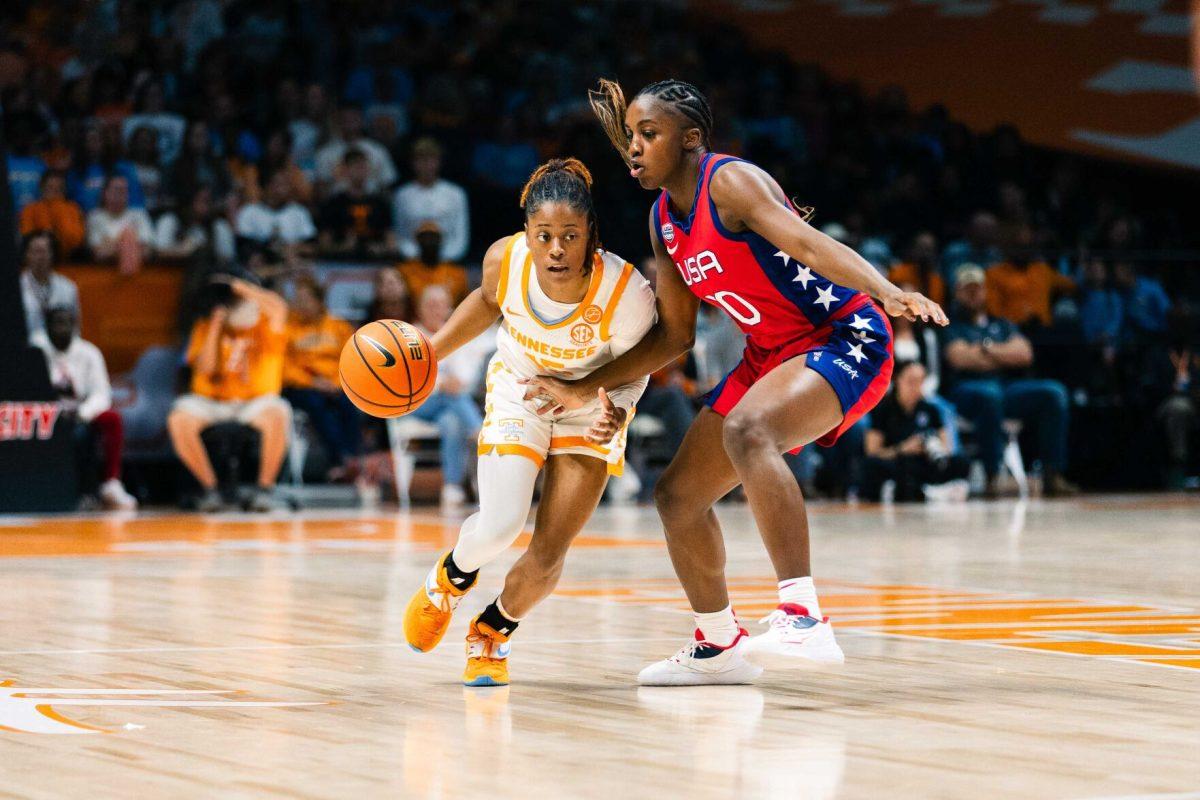 Jasmine Powell (15) drives to the rim against Team USA at the Food City Center. Sunday, Nov. 5, 2023.
