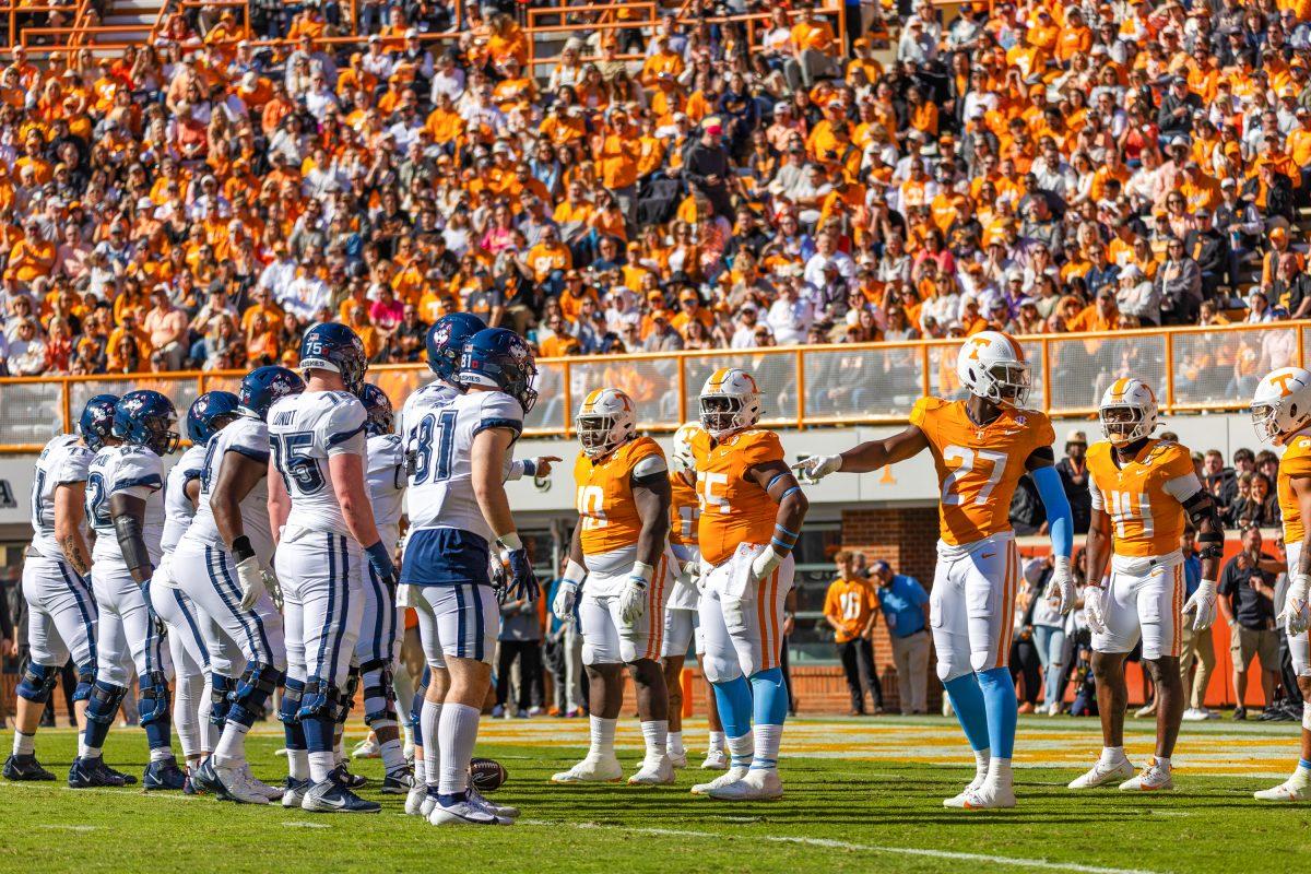 Tennessee's defensive line gets the play call against UConn. Saturday, Nov. 4, 2023. 