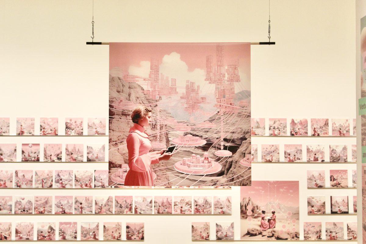 Artist Shelby Doyle produced images generated with the prompt “digital feminist architecture history computation" featured in the "AI T.B.D." exhibit.