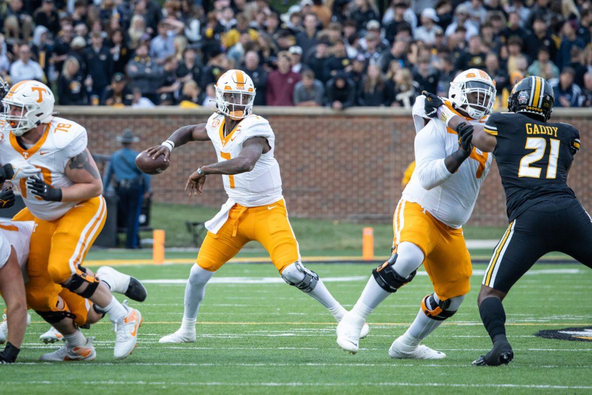 Joe Milton III (7) attempts a pass during a game against the University of Missouri at Memorial Stadium, Saturday, Nov. 11, 2023.