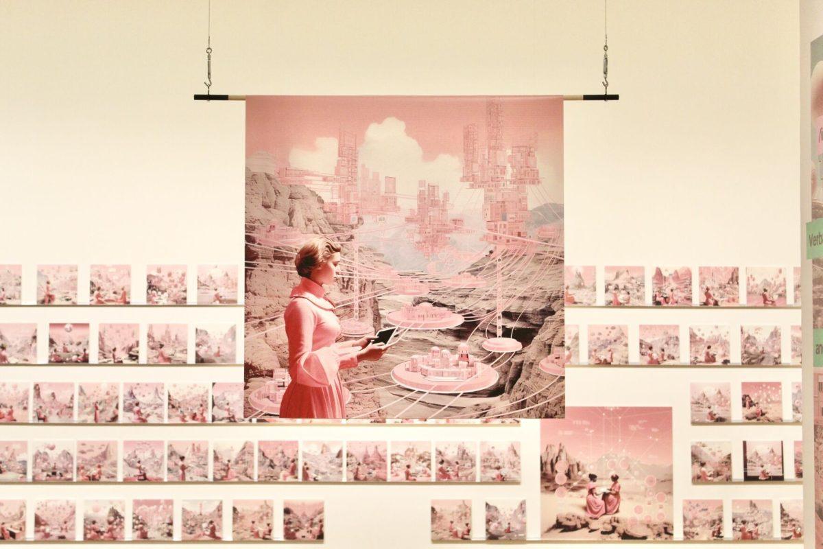 Artist Shelby Doyle produced images generated with the prompt “digital feminist architecture history computation" featured in the "AI T.B.D." exhibit.