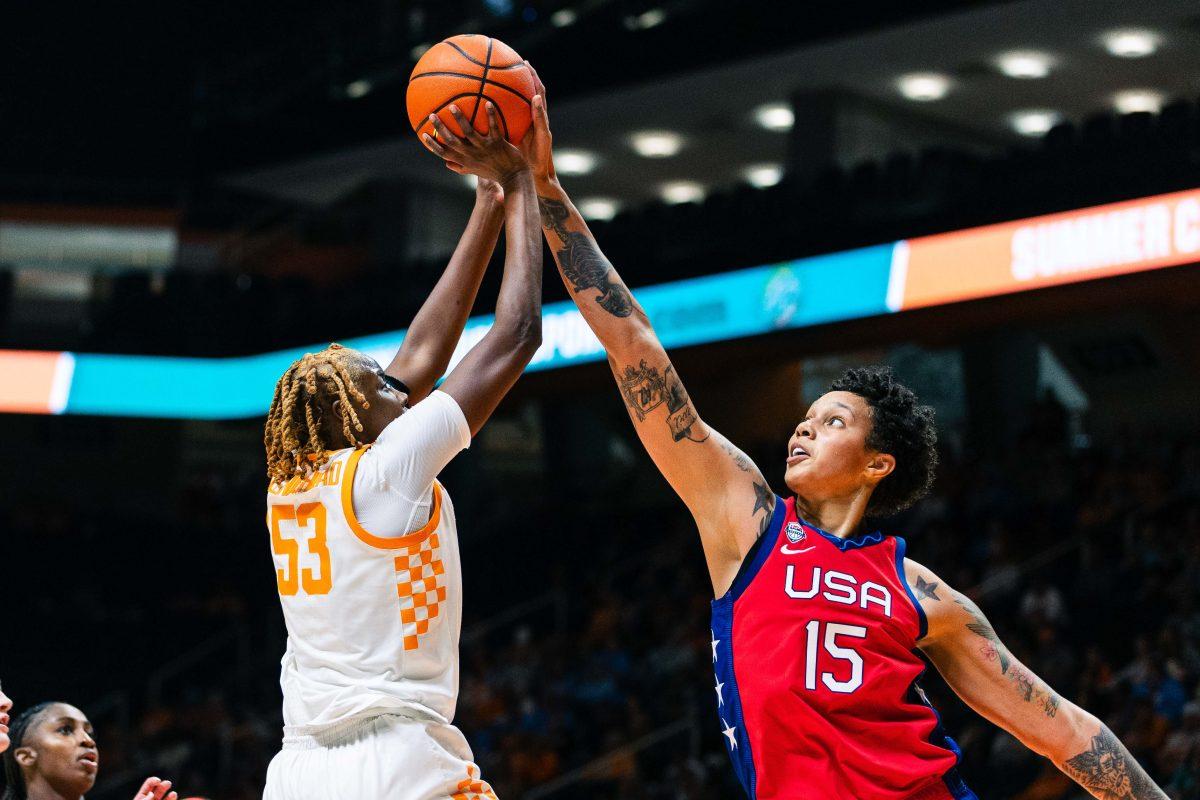 Jillian Hollingshead (53) gets shot blocked by Team USA's Brittany Griner (15). Sunday, Nov 5, 2023.