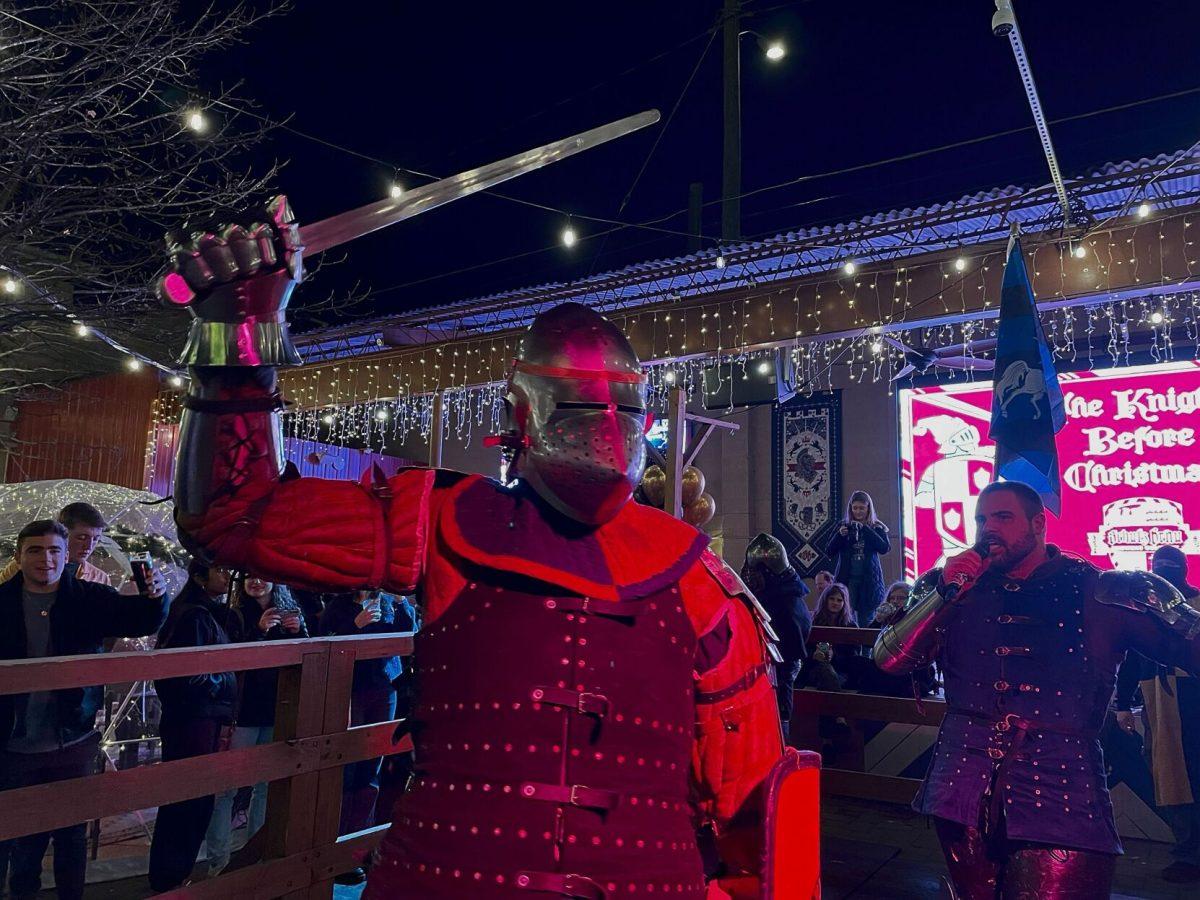 Jackson Ahern (left) and Alex Heder (right) at "The Knights Before Christmas" buhurt event on Friday, Dec. 8, 2023.