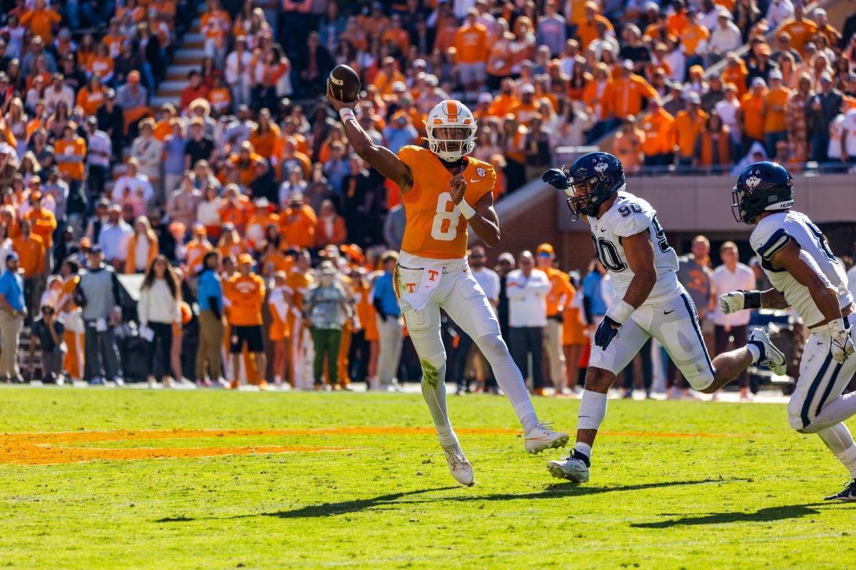 Second string quarterback Nico Iamaleava (8) prepares a pass to the Volunteer receivers in the third quarter. Saturday, Nov. 4, 2023. 