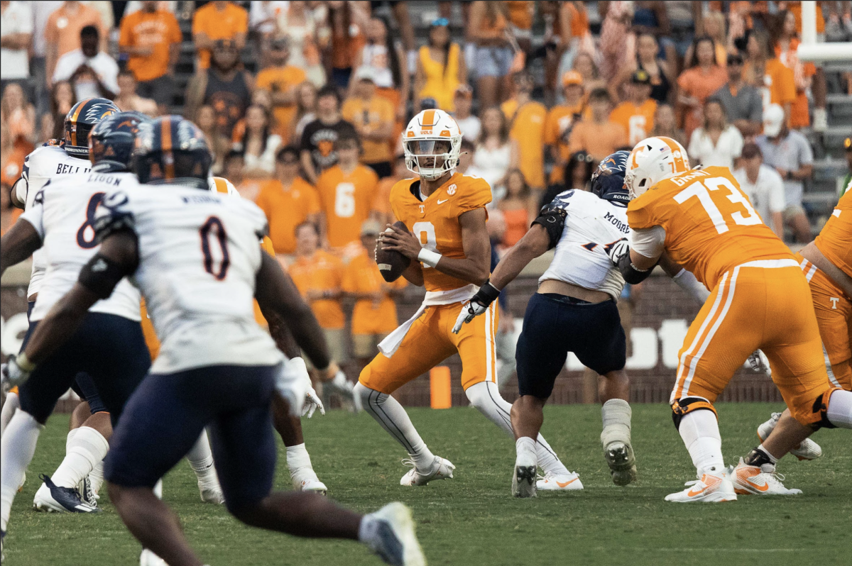 Nico Iamaleava (8) looks to pass against UTSA in Neyland Stadium. Saturday, Sept. 23, 2023. 