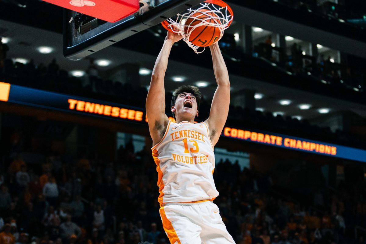 J.P. Estrella (13) dunks in the final minutes of game against Florida at Food City Center. Tues, Jan 16, 2024. 