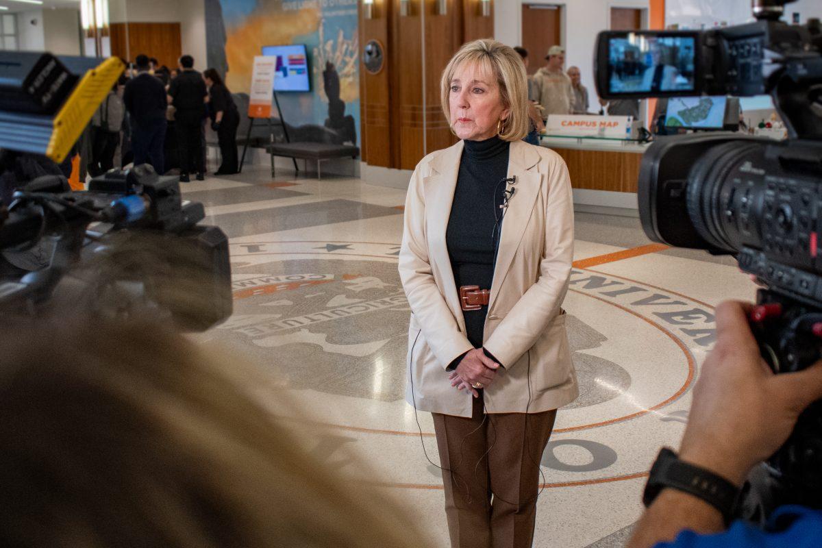 UT Chancellor Donde Plowman addresses a small group of media in the student union regarding the NCAA's investigation into Tennessee athletics. Wednesday, Jan. 31, 2024. 