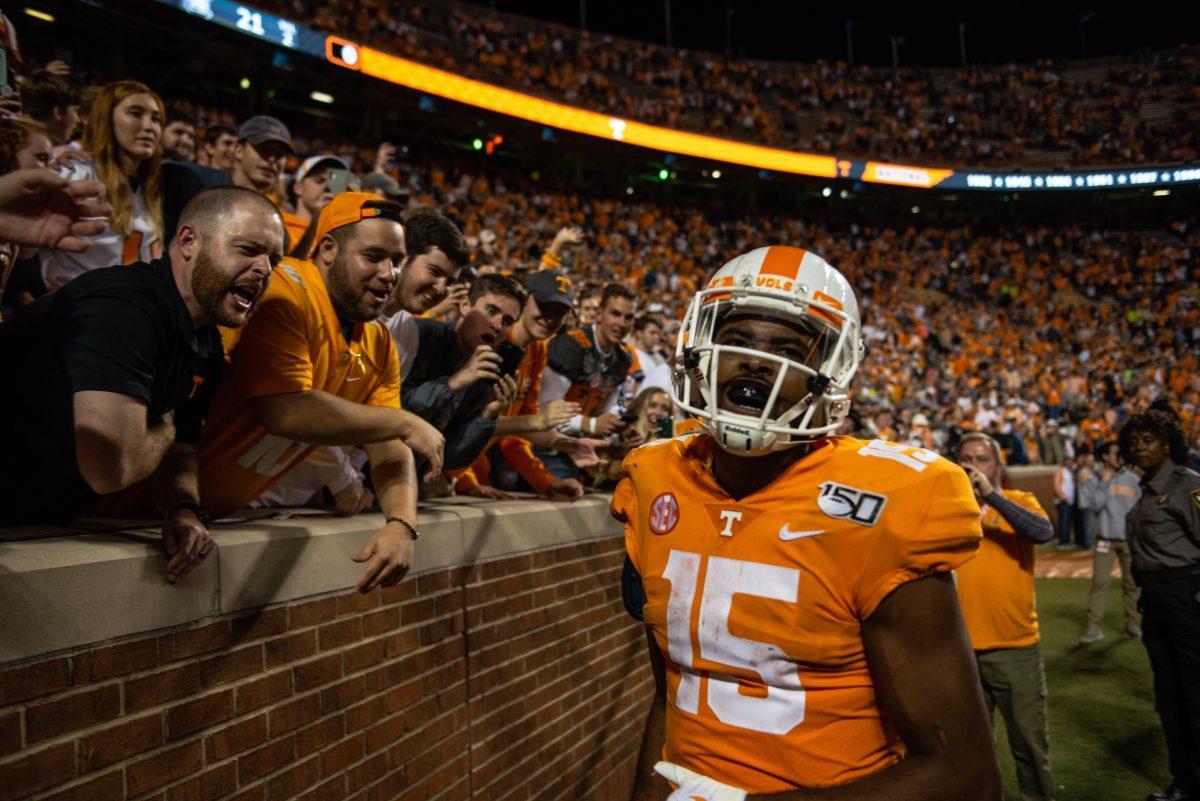 Jauan Jennings (15) interacts with fans after his historic game against South Carolina at Neyland Stadium on Saturday, October 26, 2019.