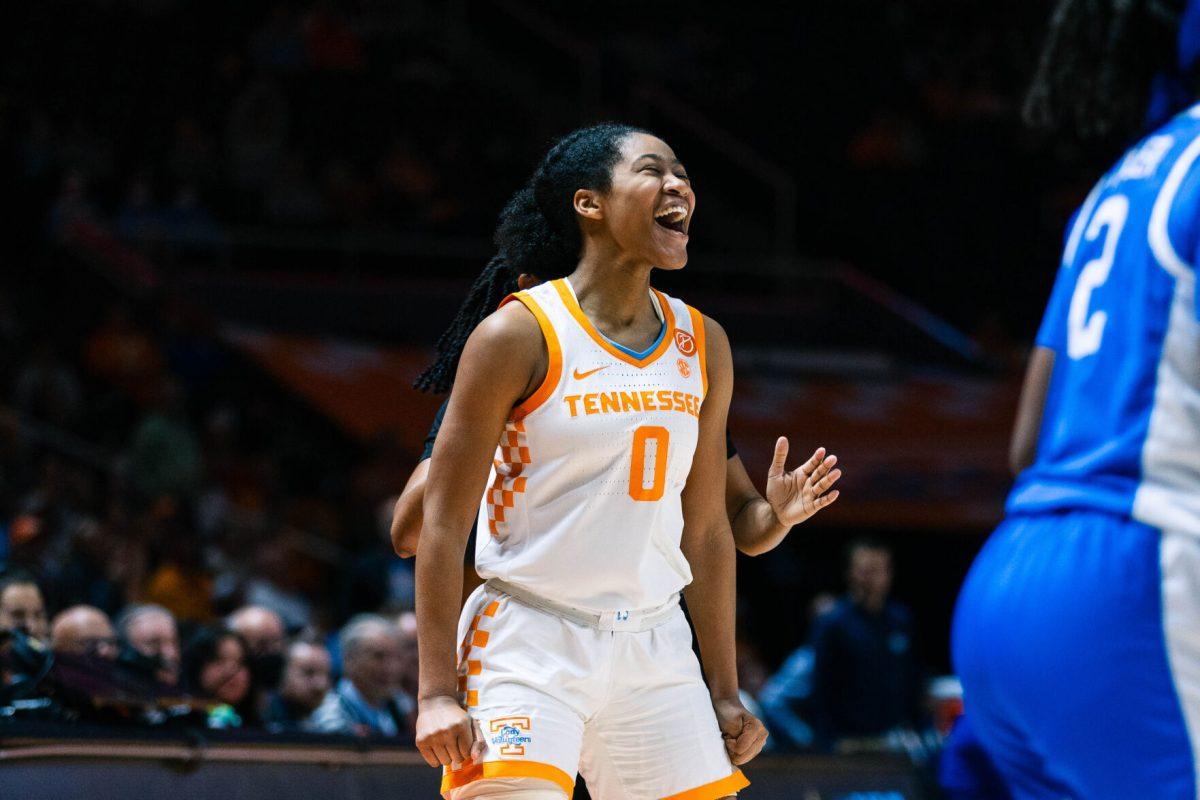 Jewel Spear (0) smiles over dominant performance in game against Kentucky in the Food City Center. Sunday, Jan. 7, 2024. (Parker Phegley).