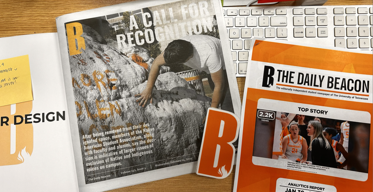 Editor-in-Chief Abby Ann Ramsey's desk in the office of The Daily Beacon, UT's editorially independent student newspaper. 