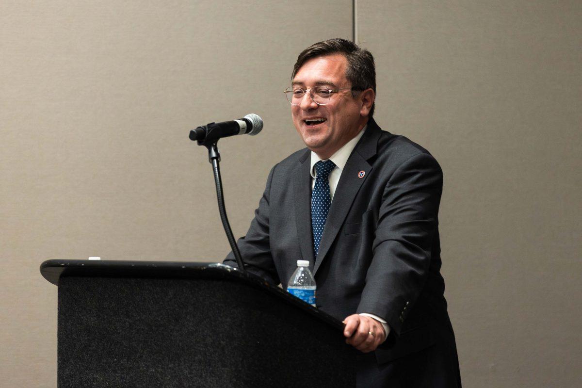 Tennessee Attorney General, Jonathan Skrmetti, speaks to the Tennessee Press Association in Nashville. Thursday, Feb. 22, 2024.