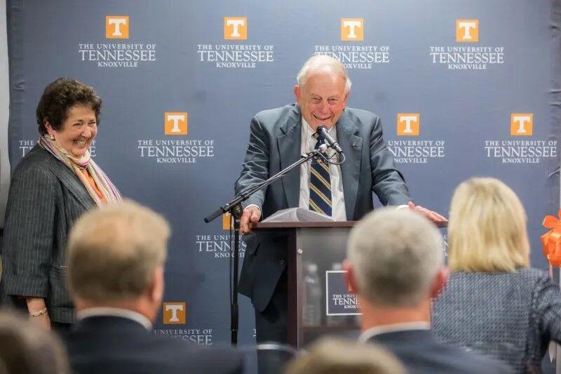 Jim Herbert, for whom the Herbert College of Agriculture is named for, speaks at the dedication of the writing center in honor of his wife Judi. 