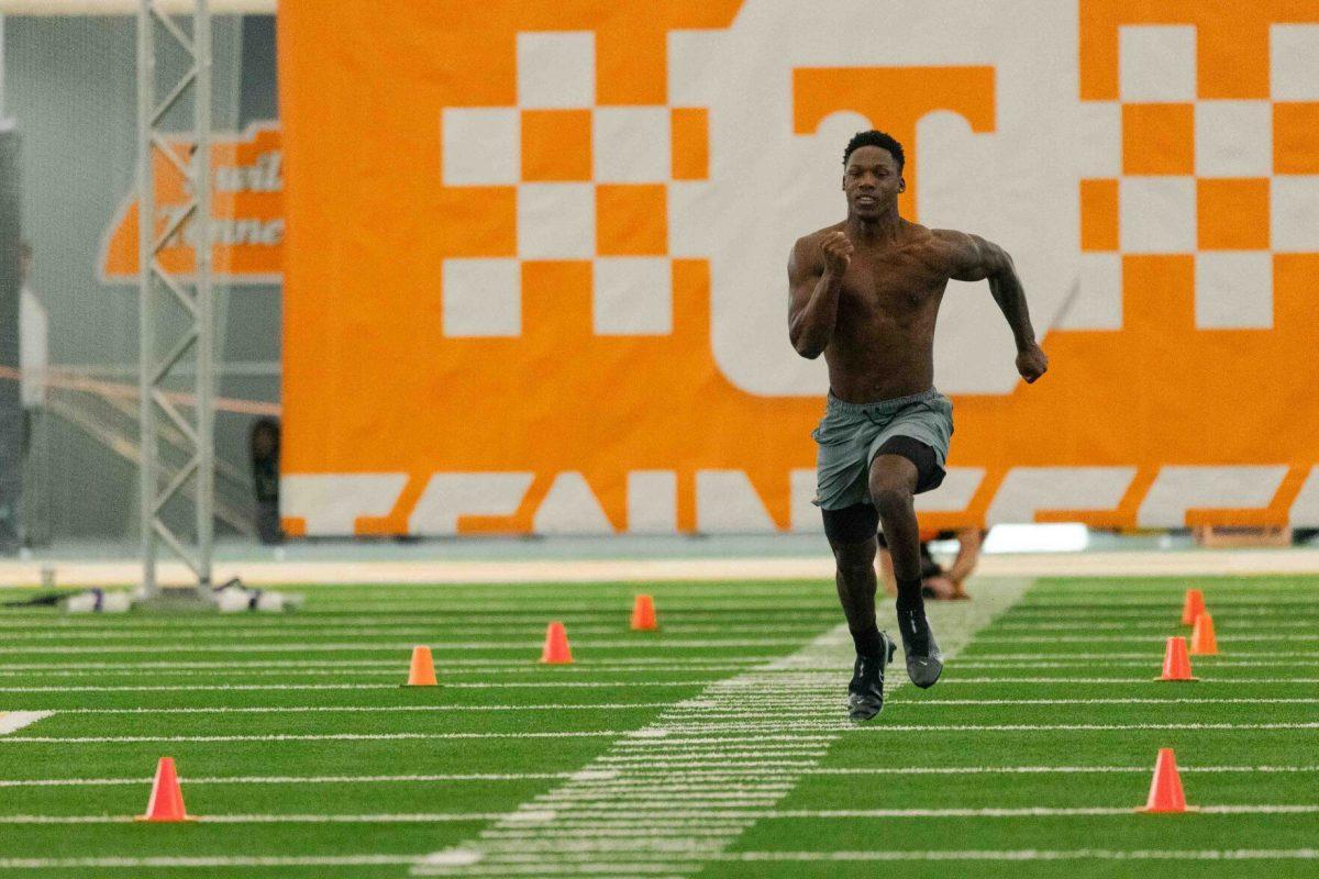 Dee Williams runs the 40 yard dash during Pro Day at Anderson Training Center. Wednesday, March 27, 2024.