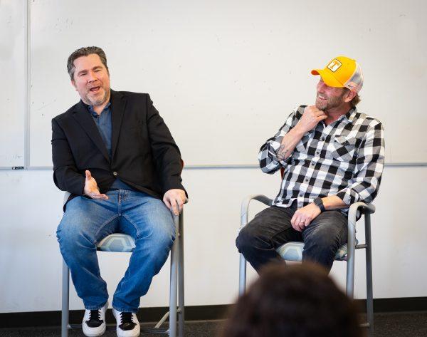 Roger Clark (left) and Rob Wiethoff (right), voice actors in the hit video game series "Red Dead Redemption," visited Tore Olsson's history class based on the game. 