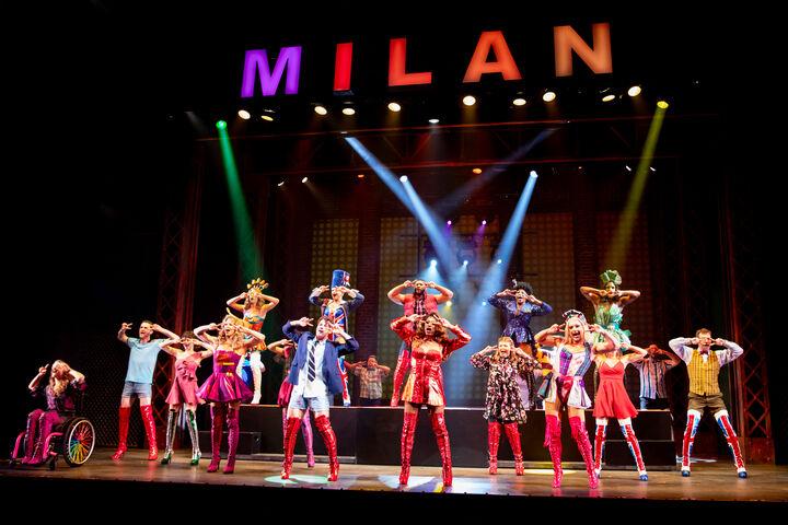 The ensemble cast of "Kinky Boots" at the Clarence Brown Theatre stars Omari Collins as Lola and Wes Williams as Charlie.