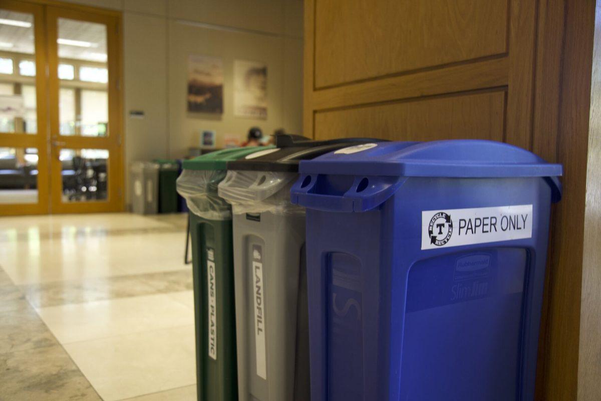 Students can take advantage of recycling bins across campus like the ones located in Hodges Library. Monday, April 22, 2024.
