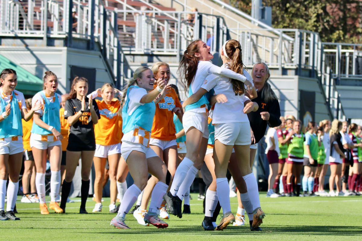 Jordan Fusco (11) completes a hat-trick against Texas A&amp;M and celebrates with her team. Sunday, Oct. 22, 2023. 