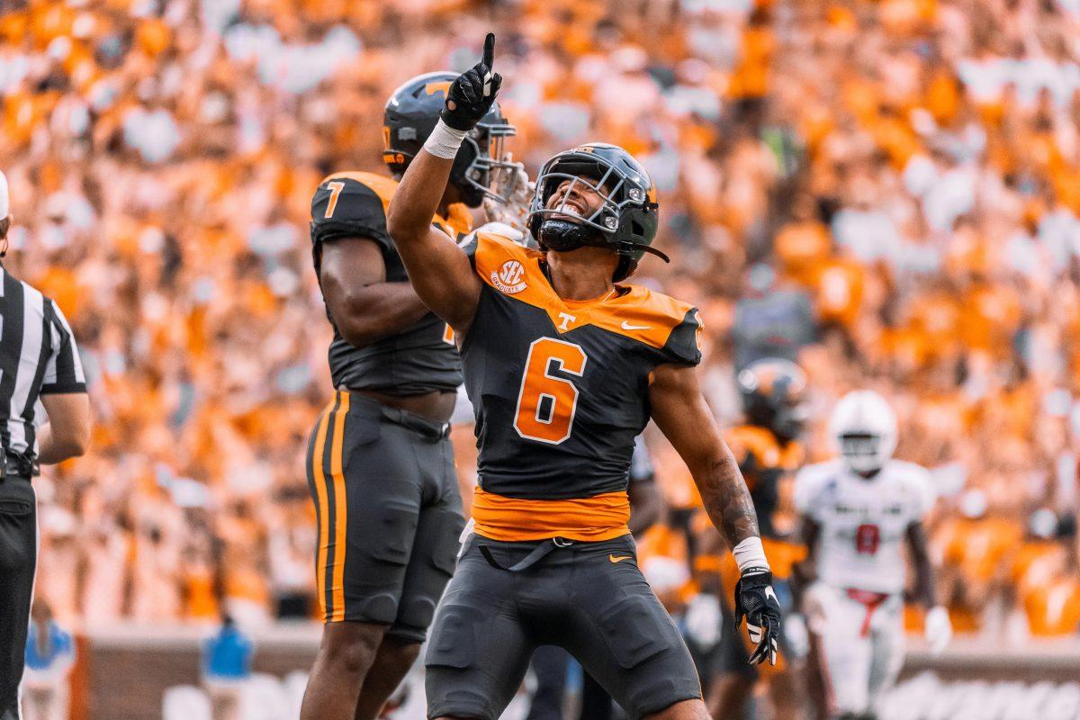 Aaron Beasley (6) celebrates against Austin Peay in Neyland Stadium. Saturday, Sept. 9, 2023. 