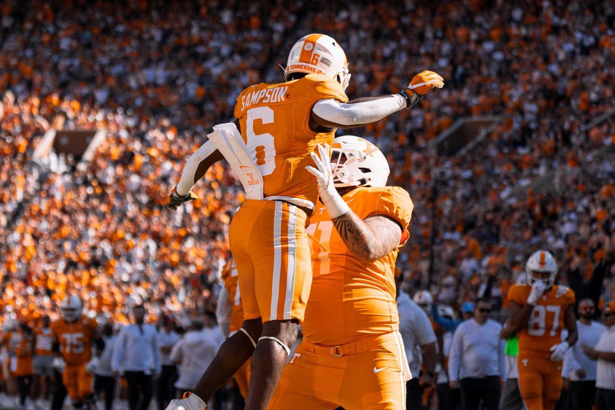Dylan Sampson (6) celebrates a touchdown against UTSA in Neyland Stadium. Saturday, Sept. 23, 2023. 
