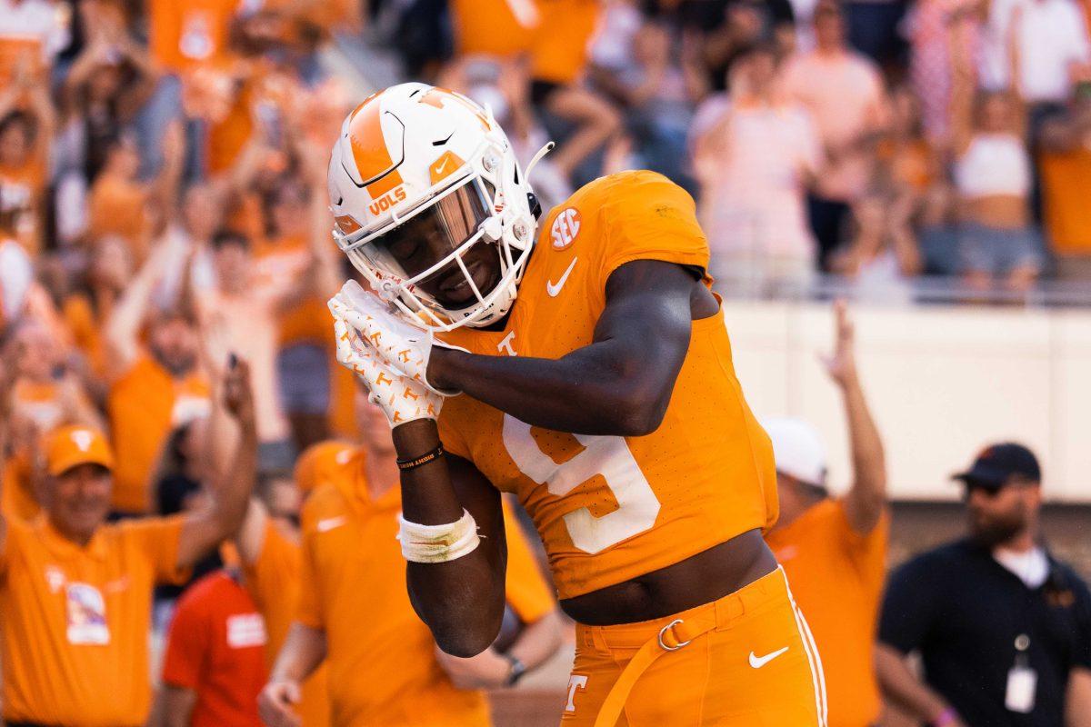 Ramel Keyton (9) celebrates a touchdown against UTSA at Neyland Stadium. Sep. 29, 2024.