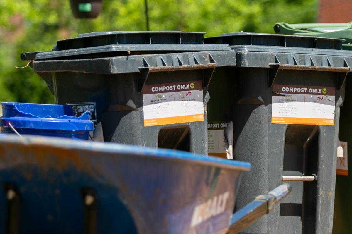 Composting bins, like the ones located at UT's Grow Lab, have become more common across campus in recent years. Monday, April 22, 2024.