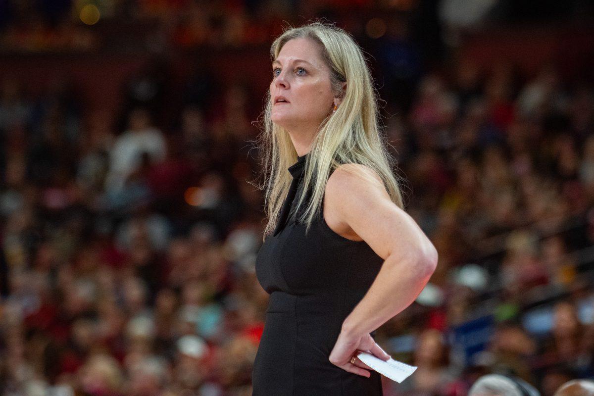 Lady Vols head coach Kellie Harper watches on from the sideline during a game against South Carolina at Bon Secours Wellness Arena. Saturday, March 9, 2024.
