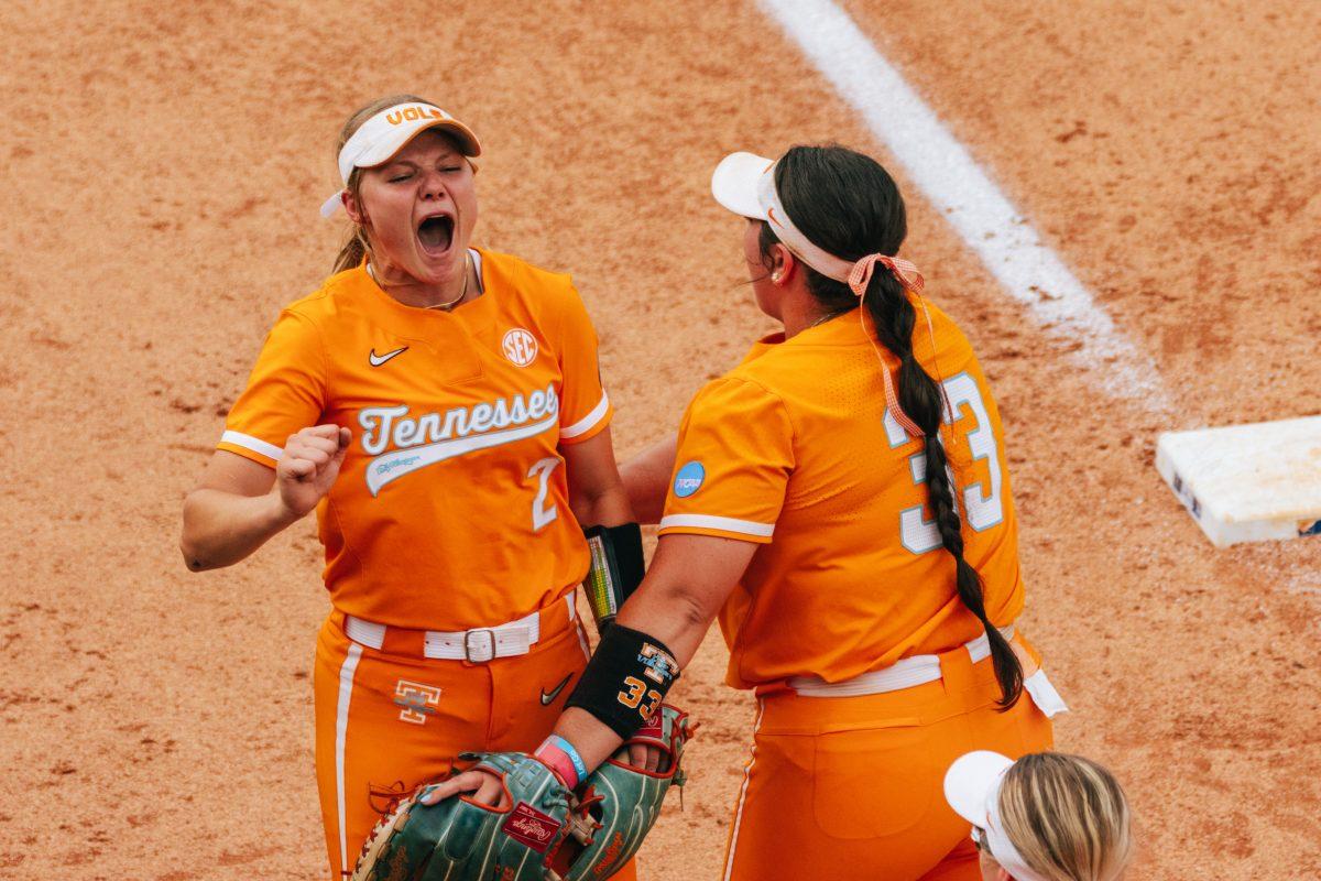 Laura Mealer (2) and Payton Gottshall (33) celebrate during a game against Alabama at Sherri Parker Lee Stadium. Friday, May 24, 2024.