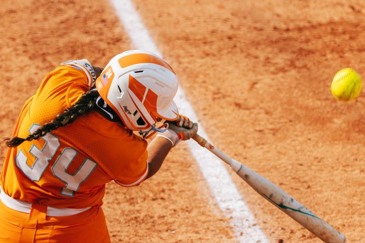 Destiny Rodriguez (34) swings during a game against Alabama at Sherri Parker Lee Stadium. Friday, May 24, 2024.
