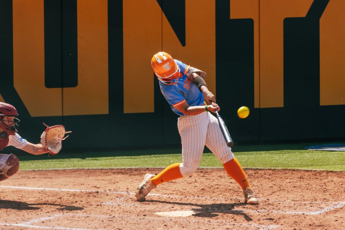 Sophia Nugent (7) swings during a game against Alabama at Sherri Parker Lee Stadium. Saturday, May 25, 2024.