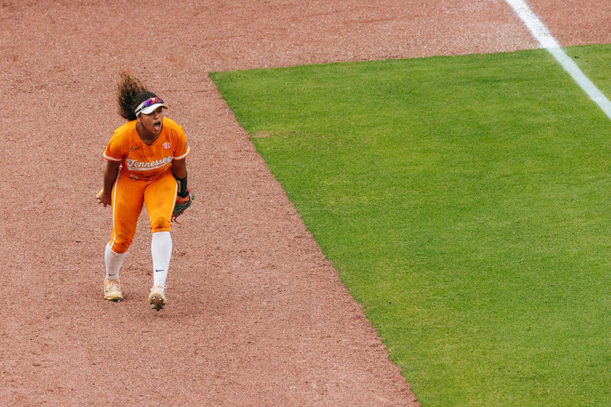 Rylie West (5) celebrates during a game against Alabama at Sherri Parker Lee Stadium. Friday, May 24, 2024.