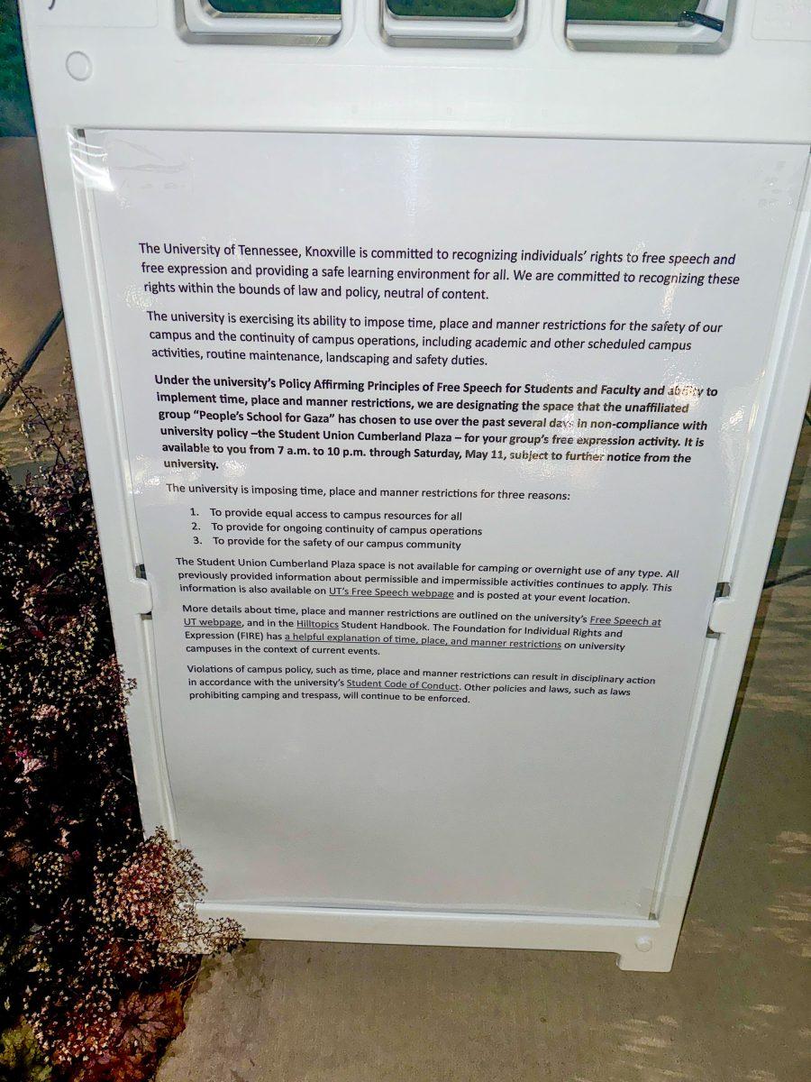 A sandwich board posts information from the University of Tennessee on the Student Union lawn for pro-Palestine demonstrators. Tuesday, May 7, 2024.  