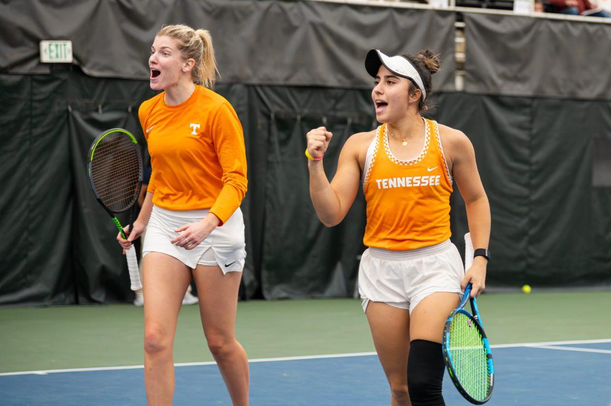 Sofia Cabezas, right, celebrates with Elza Tomase after winning a game against Vanderbilt. Friday, Jan. 26, 2024.