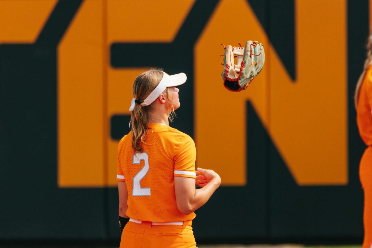Laura Mealer (2) awaits a review during a game against Alabama at Sherri Parker Lee Stadium. Friday, May 24, 2024.