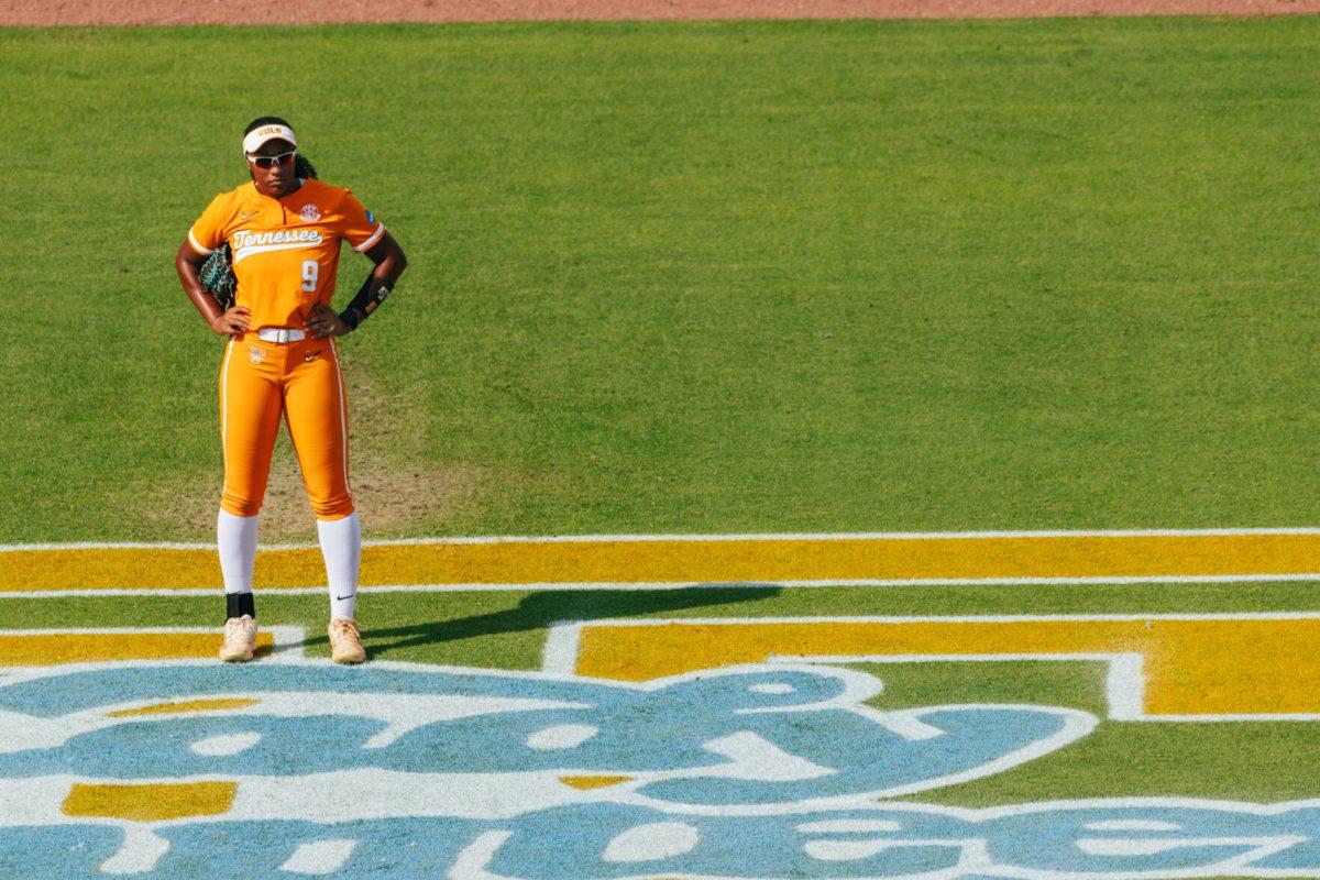 Kiki Milloy (9) awaits a pitch during a game against Alabama at Sherri Parker Lee Stadium. Friday, May 24, 2024.