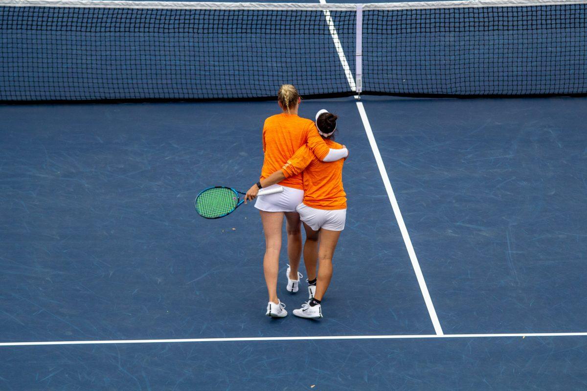 Elza Tomase and Sofia Cabezas hug after winning against Ole Miss at Barksdale Stadium. Friday, April 5, 2024.