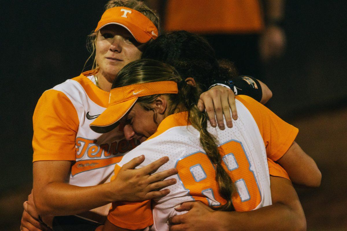 Lady Vols embrace after a game against Alabama at Sherri Parker Lee Stadium. Sunday, May 26, 2024. 