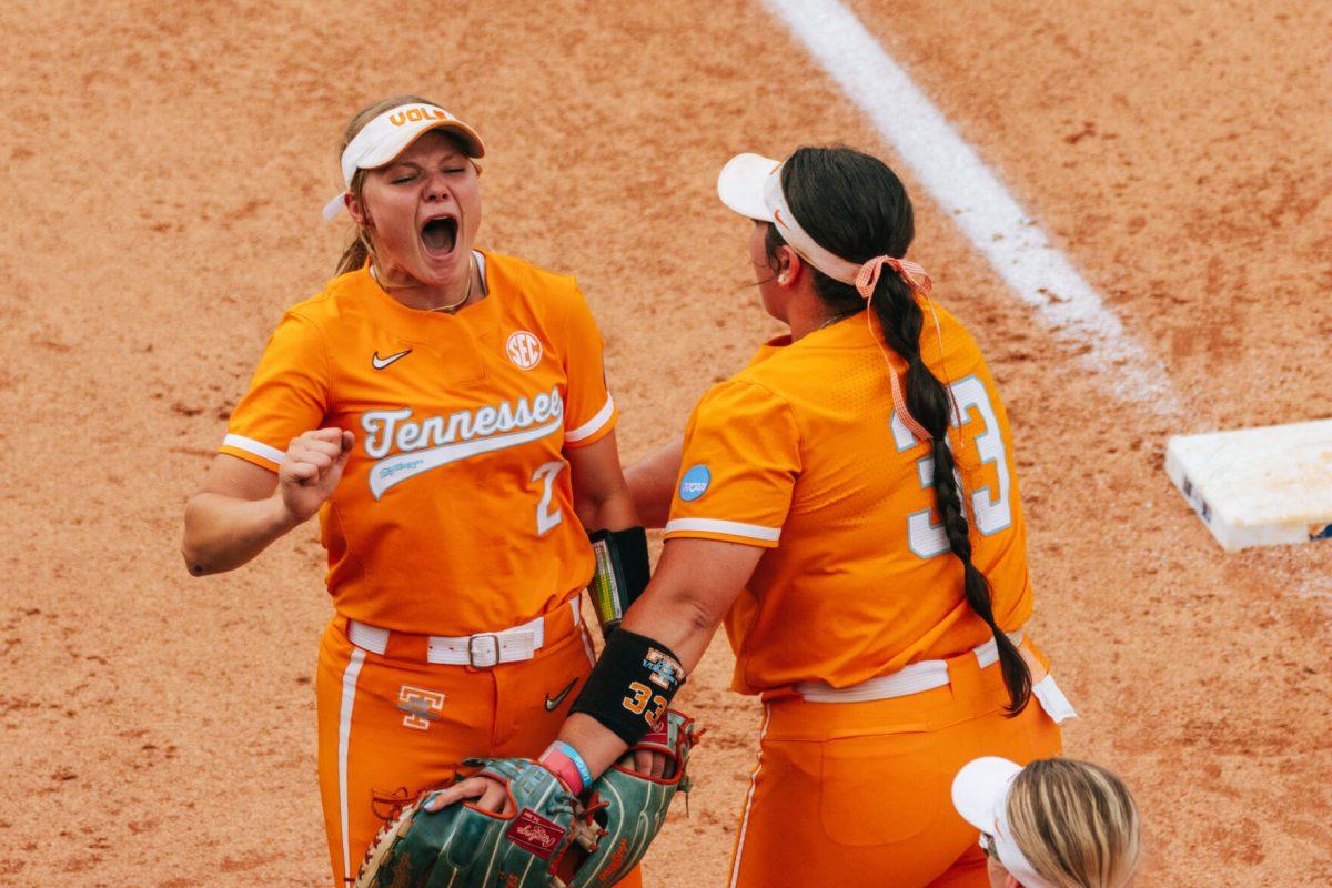 Laura Mealer (2) and Payton Gottshall (33) celebrate during a game against Alabama at Sherri Parker Lee Stadium. Friday, May 24, 2024.