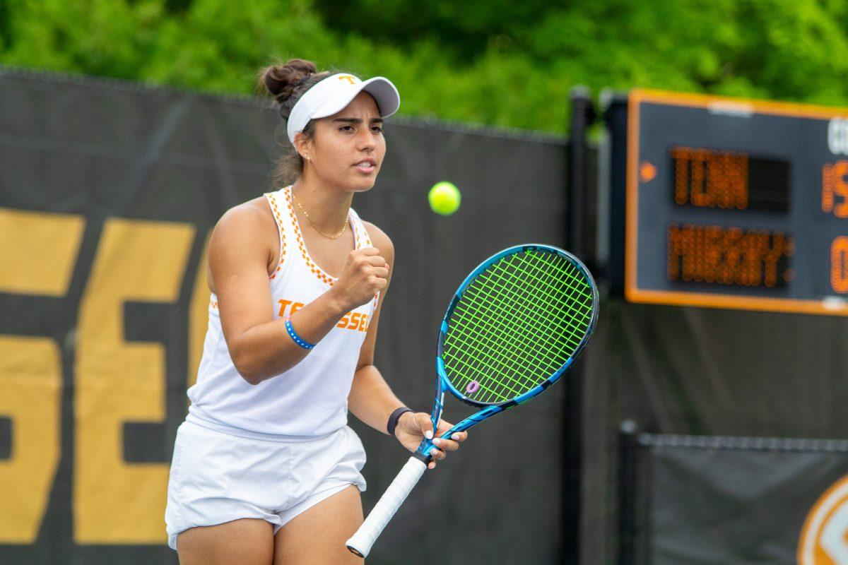 Sofia Cabezas celebrates during a match against Murray State at Barksdale Stadium. Saturday, May 4, 2024.