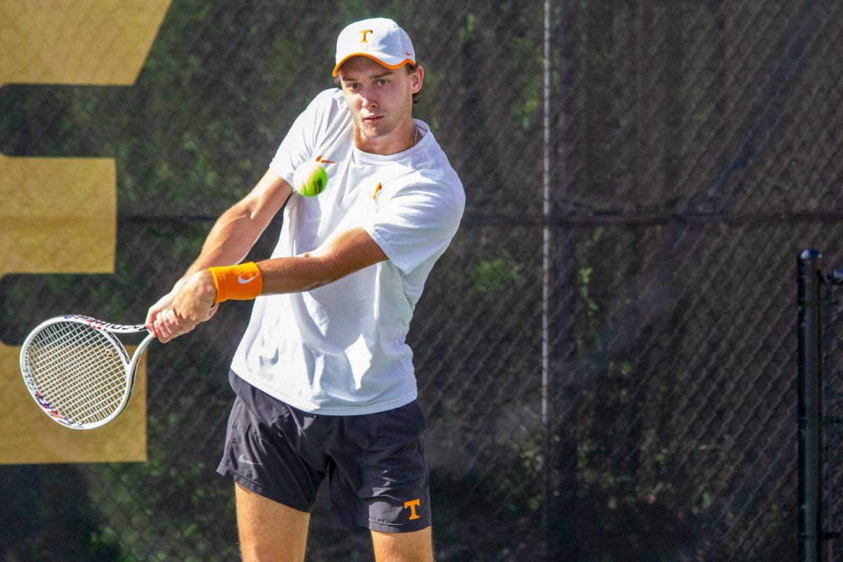 Filip Pieczonka backhands the ball during a match against Memphis at Barksdale Stadium. Saturday, May 4, 2024.