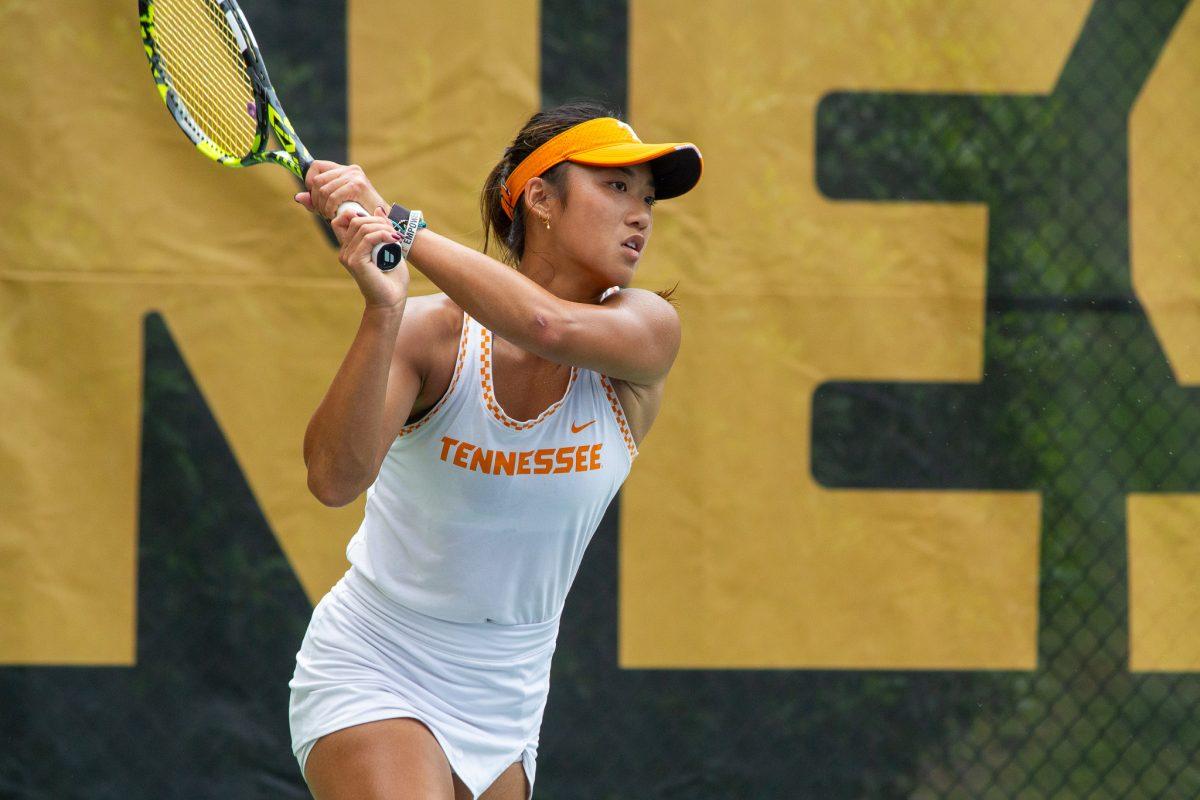 Catherine Aulia backhands during a match against Murray State at Barksdale Stadium. Saturday, May 4, 2024.