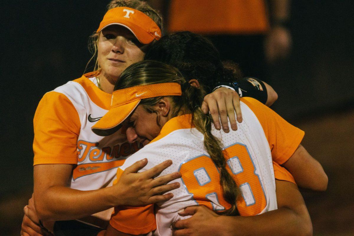 Lady Vols embrace after a game against Alabama at Sherri Parker Lee Stadium. Sunday, May 26, 2024. 